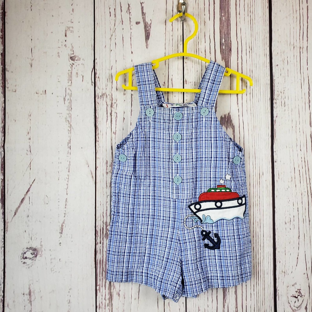 Samara Romper Boys Size 6M Vintage Tug Boat Plaid Cotton Blue